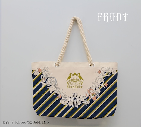 「マリントートバッグ」。「豪華客船編」に登場するキャラクターモチーフを、枢やなが1つひとつ描き下ろし、マリン風のデザインに落とし込んでいる。