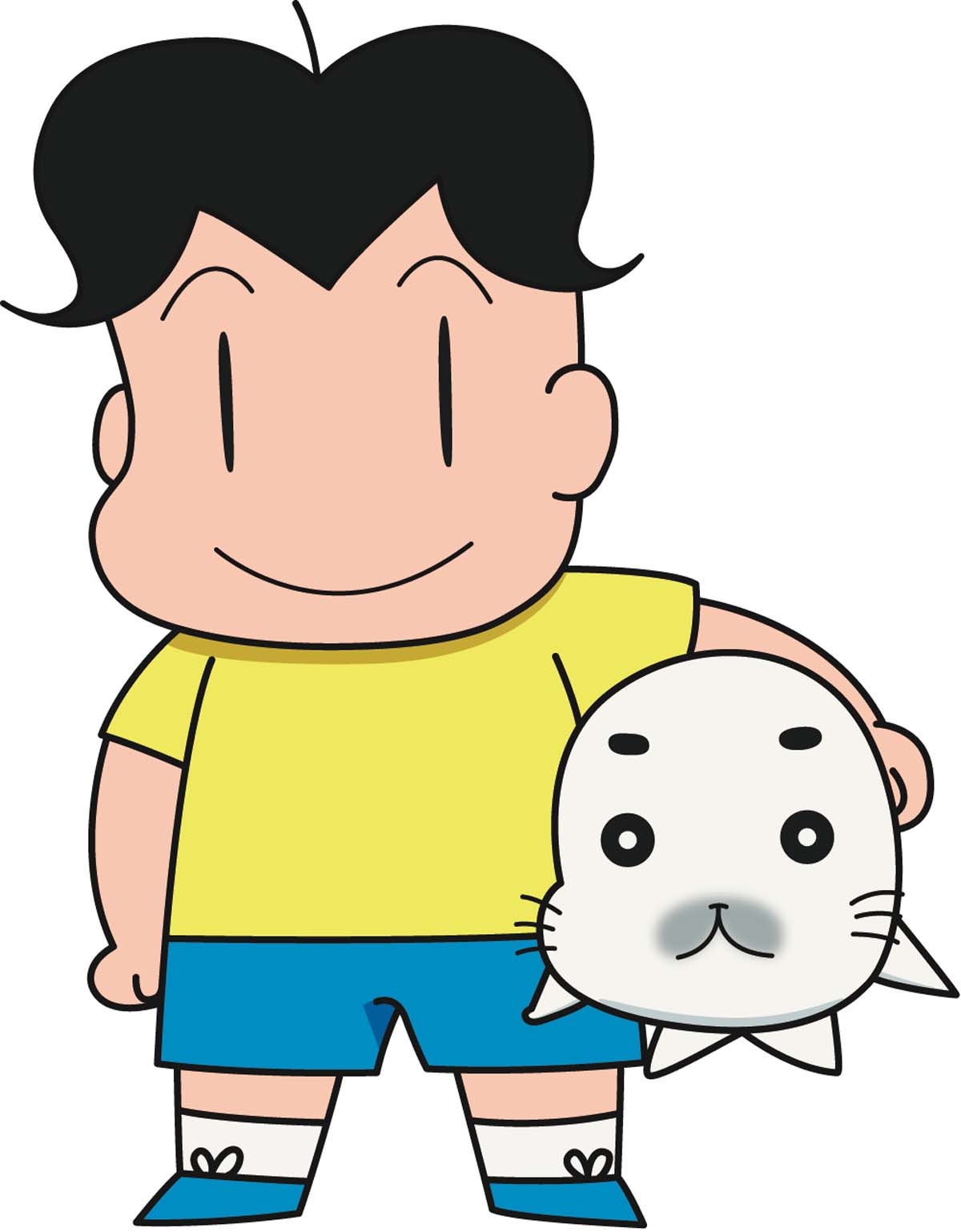 ゴマちゃんを抱きかかえるアシベのイラスト。