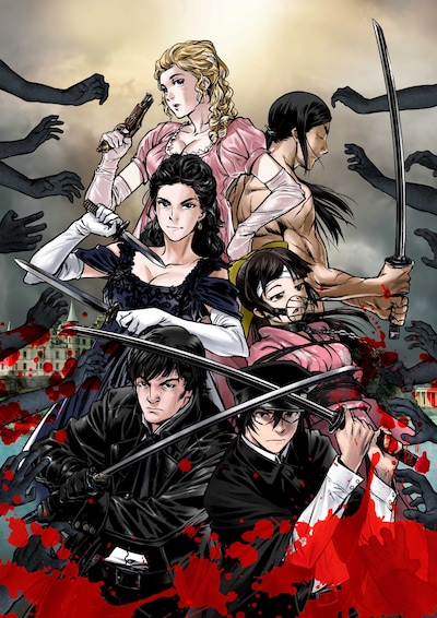 目黒三吉が描いた「こころ オブ・ザ・デッド ～スーパー漱石大戦～」と「高慢と偏見とゾンビ」のコラボイラスト。