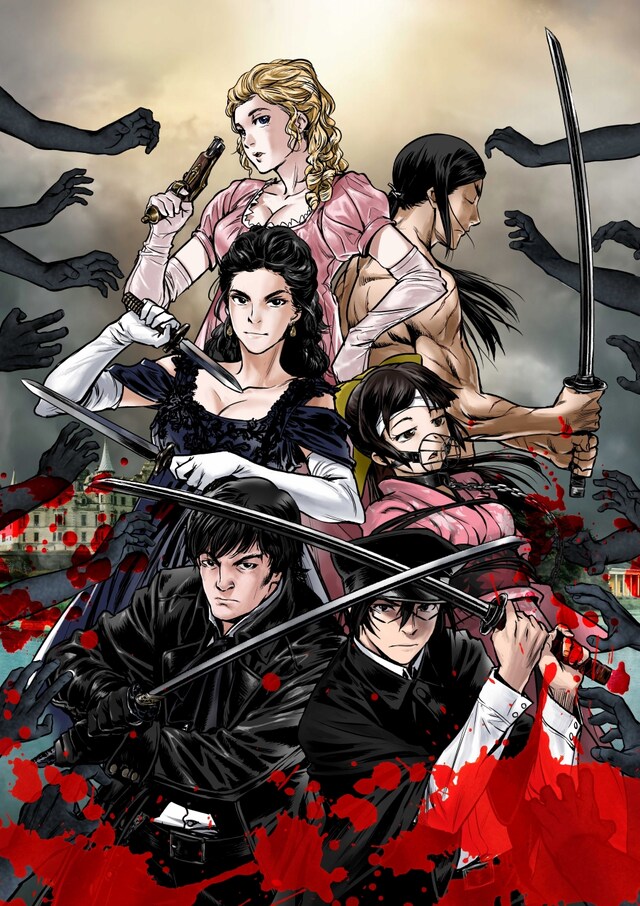 目黒三吉が描いた「こころ オブ・ザ・デッド ～スーパー漱石大戦～」と「高慢と偏見とゾンビ」のコラボイラスト。