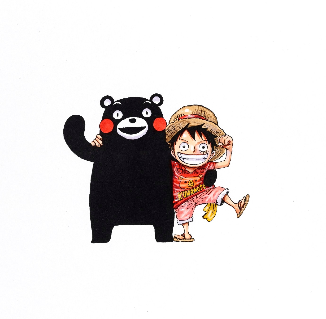 ルフィとくまモンのイラスト。(c)尾田栄一郎/集英社 (c)熊本県 2010 くまモン
