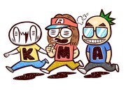 カメントツによるイラスト。左からカメントツ、あだち充、青山剛昌。