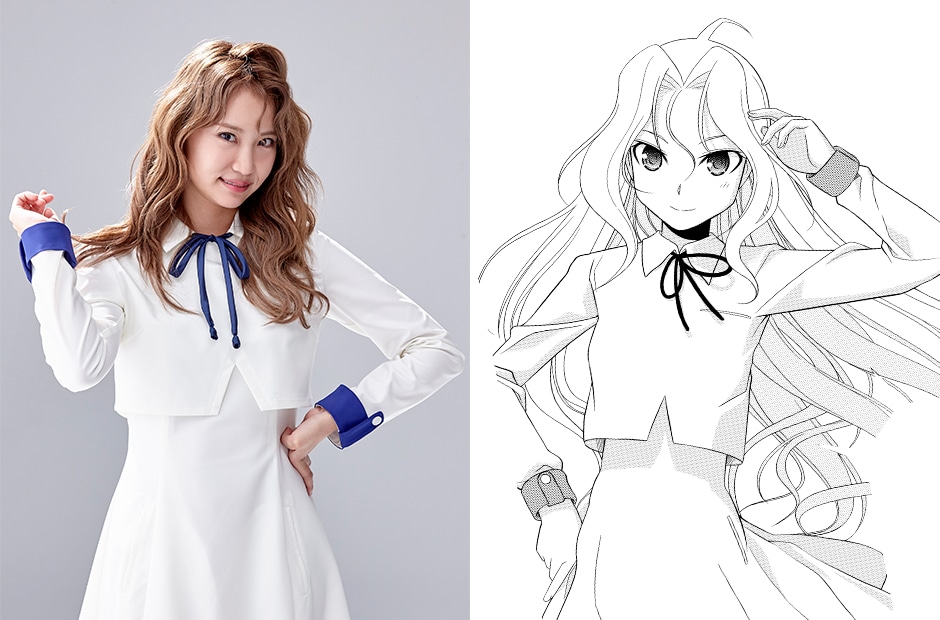 左から永尾まりや演じる龍門渕透華、原作の龍門渕透華。