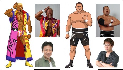 左から本間朋晃の設定画、左から2列目上段が本間朋晃、同下段が高塚正也。左から3列目が石井智宏の設定画、左から4列目上段が石井智宏、同下段が乃村健次。