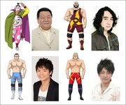 上段左からふくわらマスクの設定画、塩屋浩三、ボスマンの設定画、浜田賢二。下段左からブルの設定画、榎木淳弥、ドッグの設定画、根本幸多。