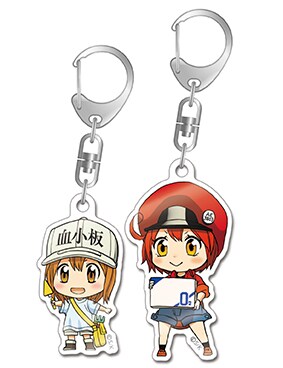 「はたらく細胞」4巻特装版に付属する赤血球と血小板のアクリルキーホルダー。