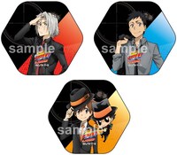 ミニゲーム「守護者を救え！リング飛ばしゲーム」景品。六角形缶バッジ（全5種）