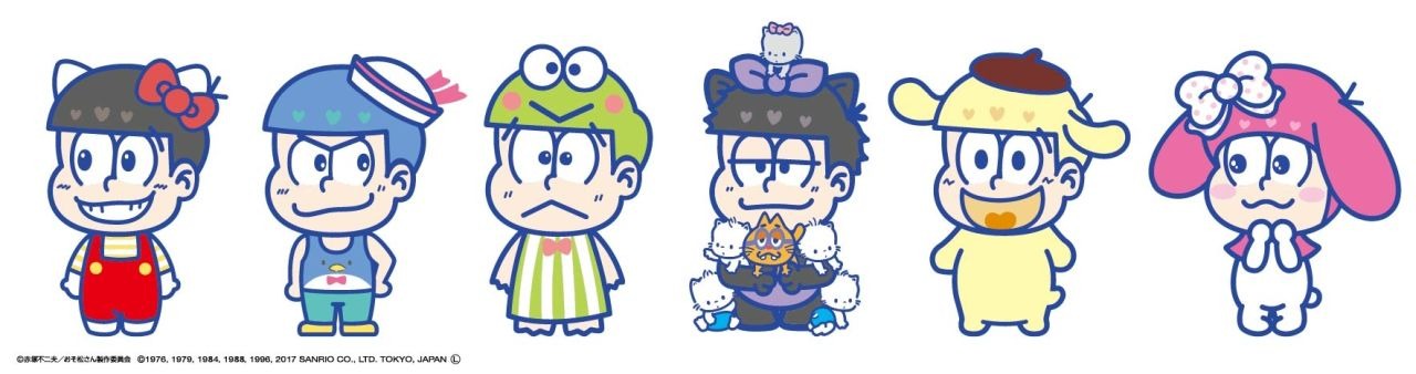 ニュース記事ランキング2位より、「おそ松さん×SANRIO CHARACTERS」の、「サンリオキャラクターになっちゃった Ver.」のデザイン。(c)赤塚不二夫/おそ松さん製作委員会 (c)‘76,‘79,‘84,‘88,‘96,‘16 SANRIO