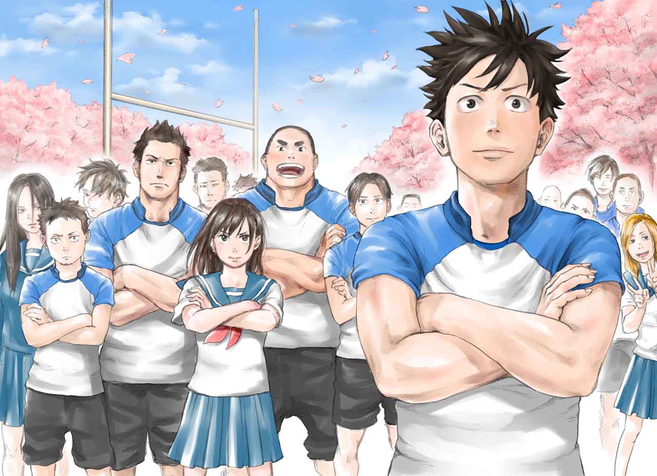 「フルドラム」第1話の見開きページに使用されたカラーイラスト。