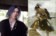 左から市川海老蔵演じる閑馬永空、万次の原作イラスト。