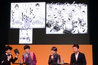 裸太鼓のシーンはこれから撮影だと語る菅田（左から2番目）。