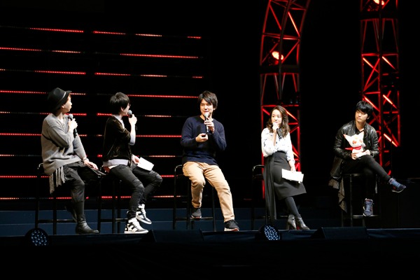 左から諏訪部順一、花江夏樹、助野嘉昭、潘めぐみ、福山潤。