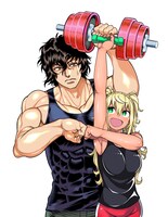 「ケンガンアシュラ」と「ダンベル何キロ持てる？」のコラボによるイラスト。