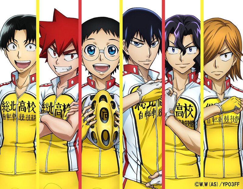 左から杉元照文（CV：宮田幸季）、鳴子章吉（CV：福島潤）、小野田坂道（CV：山下大輝）、今泉俊輔（CV：鳥海浩輔）、手嶋純太（CV：岸尾だいすけ）、青八木一（CV：松岡禎丞）。