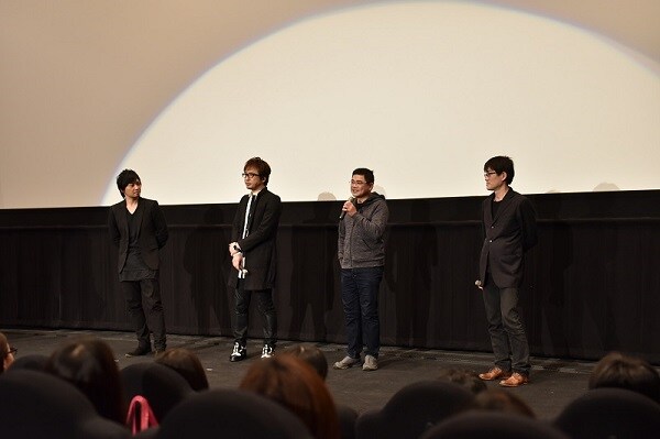 ご当地上映会の様子。左から中村悠一、安元洋貴、中森良治、上田耕行プロデューサー。