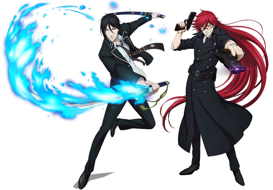 セバスチャンが燐に、グレルが雪男に扮した「黒の祓魔師」のビジュアル。