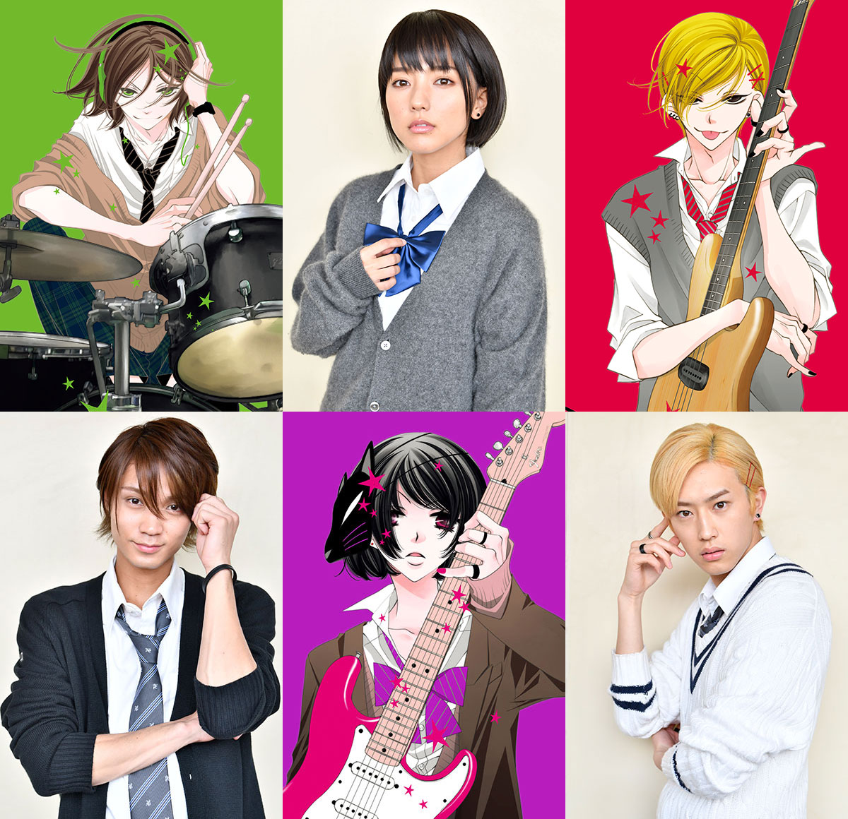 左から原作マンガのクロ（上）と磯村勇斗演じるクロ（下）、真野恵里菜演じる深桜（上）と原作マンガの深桜（下）、原作マンガのハルヨシ（上）と杉野遥亮演じるハルヨシ（下）。
