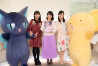 左からスッピー、岩男潤子、丹下桜、アナウンサーの松澤千晶、ケロちゃん。