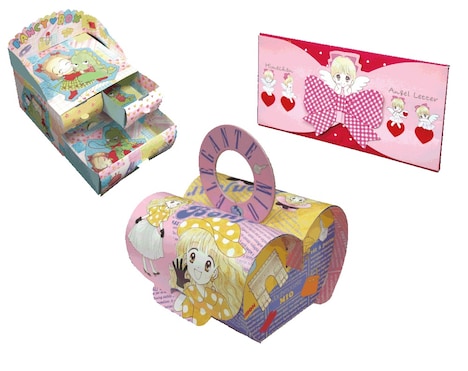 左から「矢沢あいの翠ちゃんファンシーボックス」（1993年12月号）、「吉住渉の未央ちゃんラブリーバッグ」（1991年6月号）、「水沢めぐみの姫ちゃんエンゼルレターセット」（1991年2月号）。