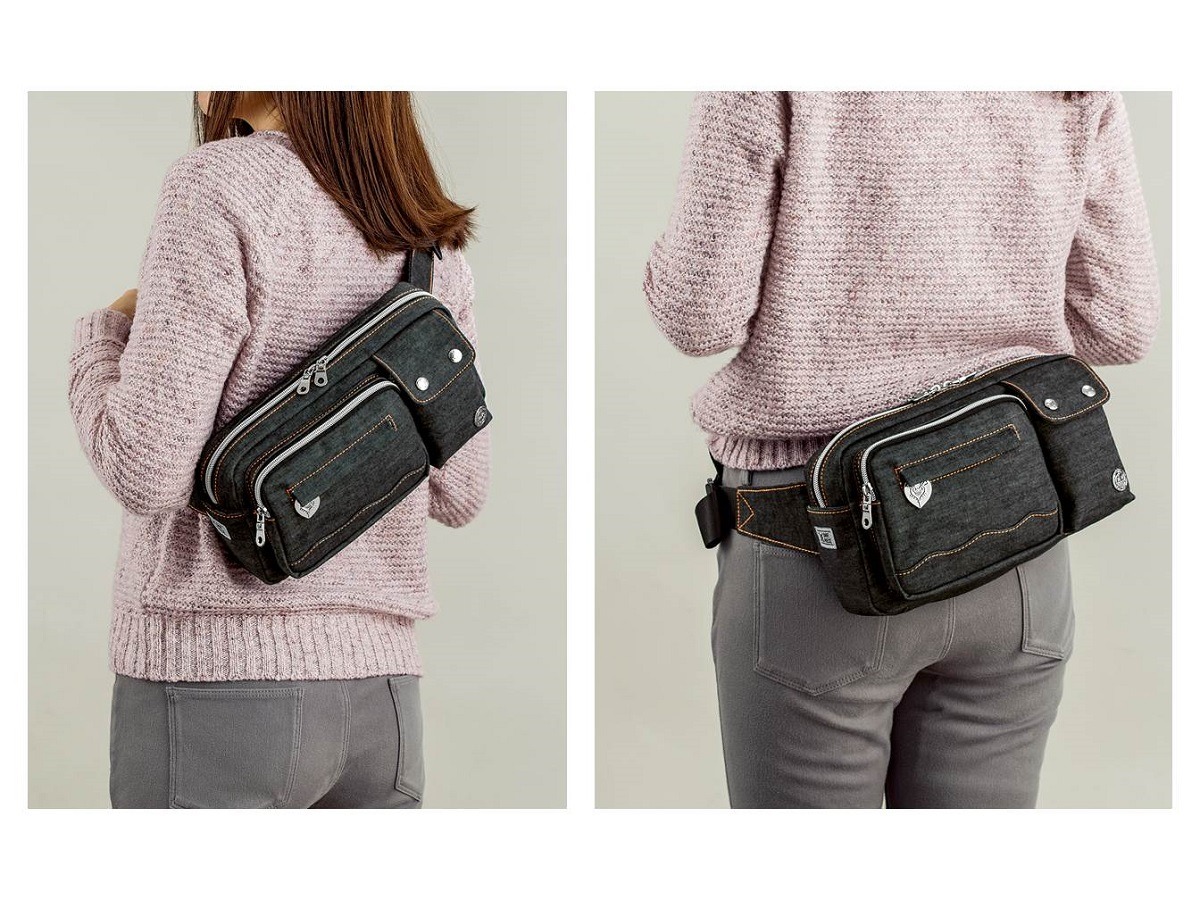 「岡山デニム×海賊同盟 多機能ボディバッグ」トラファルガー・ローモデル使用イメージ。