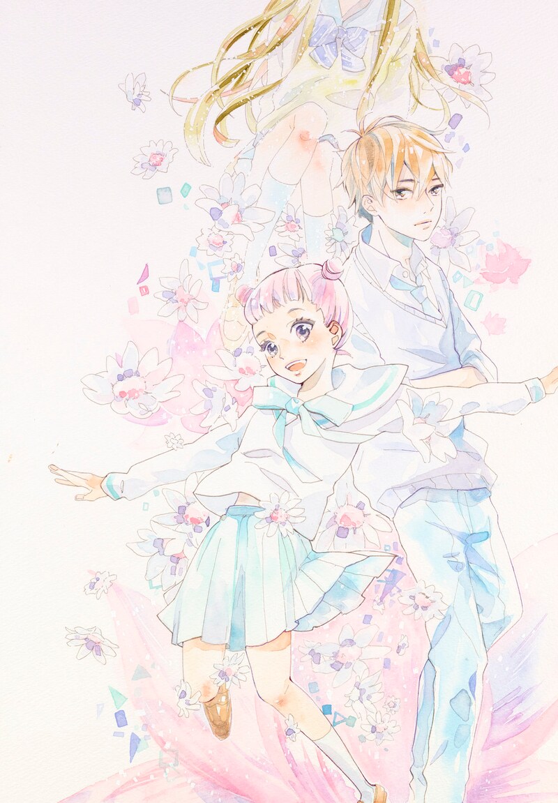 「世界の終わりとぐるぐるバンビ」第1話の扉ページに使用されたカラーイラスト。