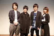 「Re:CREATORS（レクリエイターズ）」制作発表と、第1話先行上映会の様子。左からあおきえい監督、山下大輝、澤野弘之、綾野ましろ。