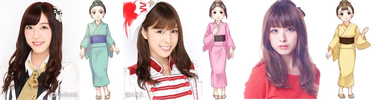 左から松村芽久未（NMB48）、カメのイラスト、小嶋菜月（AKB48）、サクのイラスト、荒井レイラ、フミのイラスト。