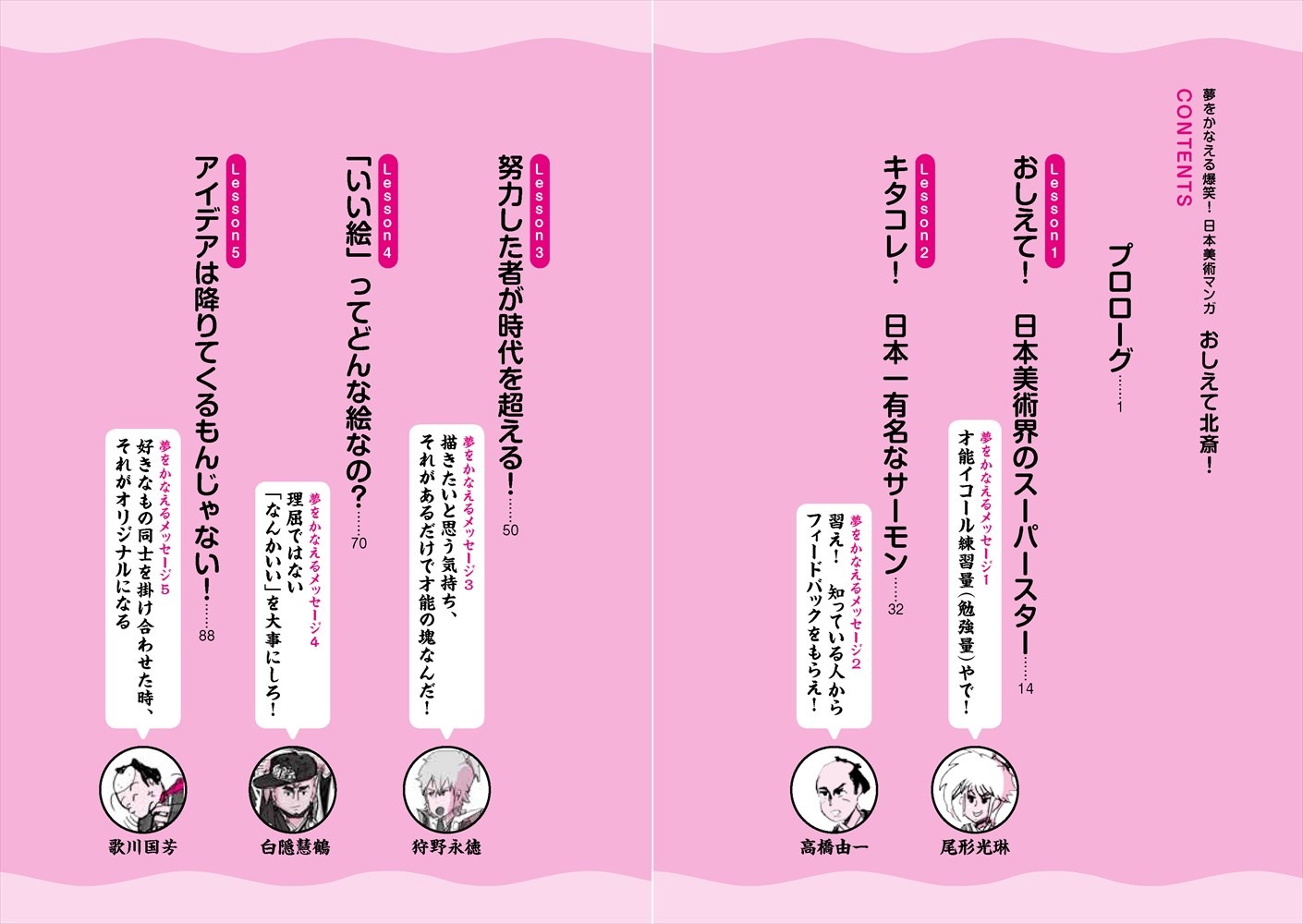 「夢をかなえる爆笑！ 日本美術マンガ おしえて北斎！」の目次。