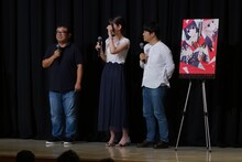 アニメ「恋と嘘」先行上映会の様子。左から竹内崇剛プロデューサー、ムサヲ、担当編集の篠原健一郎氏。