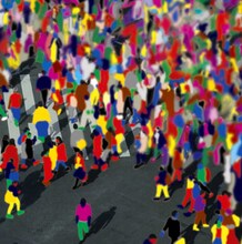 グラフィックデザイナーの矢後直規が手がけた、集団行動のデビューアルバム「集団行動」。Tシャツのデザインにも、同デザインが用いられる。