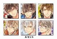 「『イケメン戦国～天下人の女になる気はないか～』缶バッジセット」Aセットの絵柄。上段左から織田信長、伊達政宗、豊臣秀吉。下段左から徳川家康、明智光秀、石田三成。