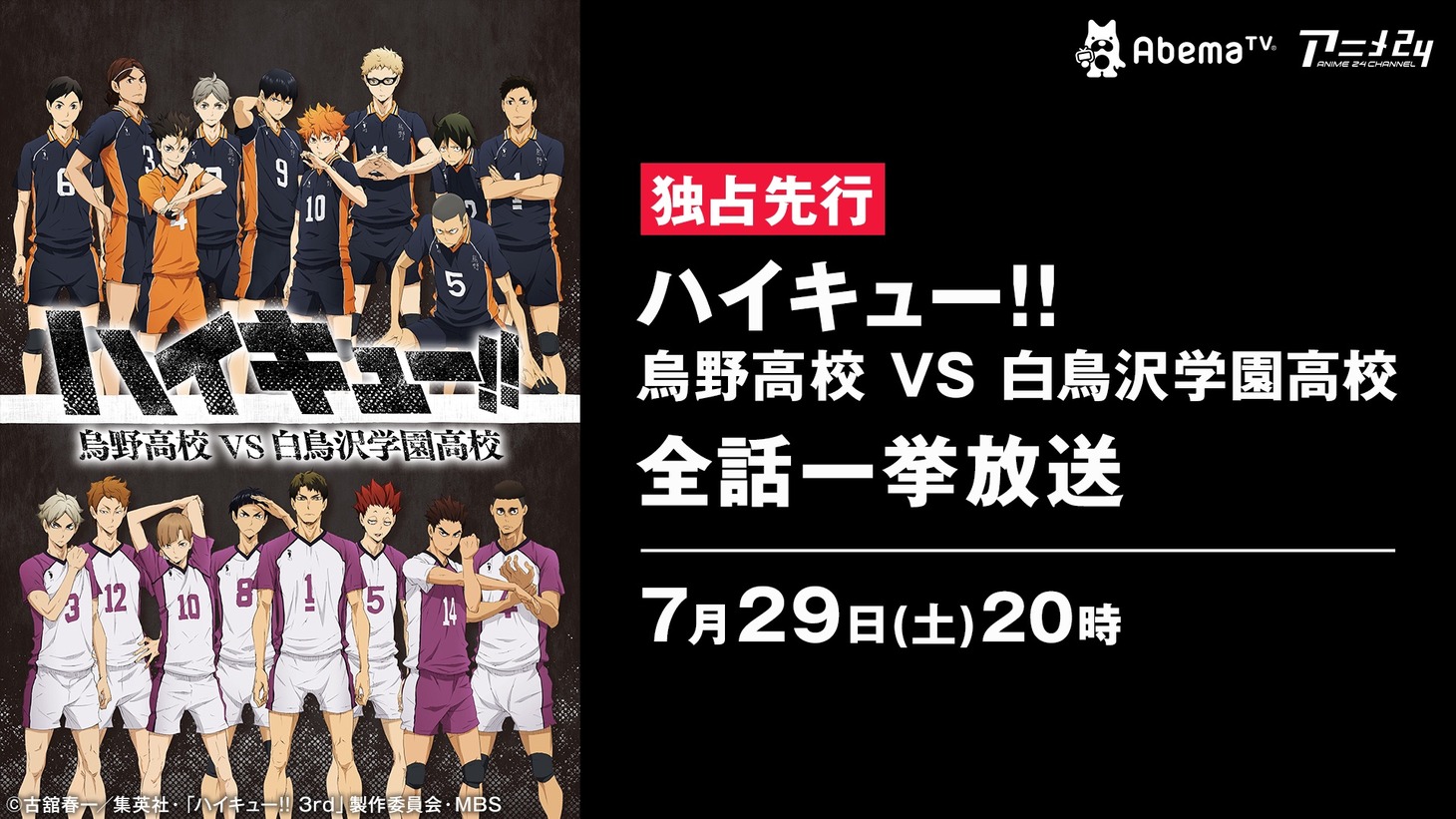 「ハイキュー!! 烏野高校 VS 白鳥沢学園高校」全話一挙放送の告知画像。