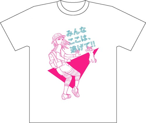 凶暴な猫から仲間を守る女子描いた、河井克夫「みんなここは、逃げて」Tシャツ