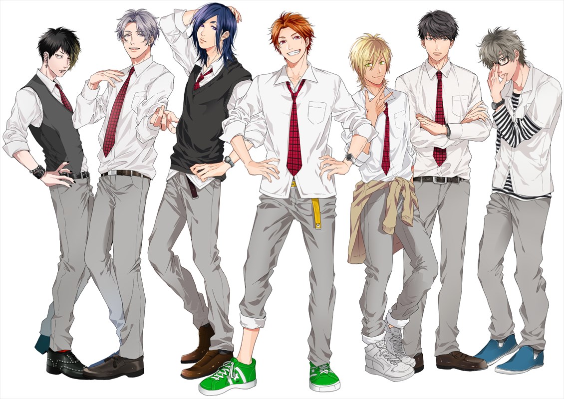マジ校デストロイのメンバー。左からジュン、ミユ、ニーナ、トモ、メグ、ユッキー、キスケ。