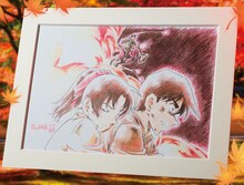 青山剛昌描き下ろしによる「『その手ェ離したら…殺すで』額装複製原画」。