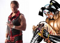 モモタロウ役の丸藤正道と、モモタロウのイラスト。