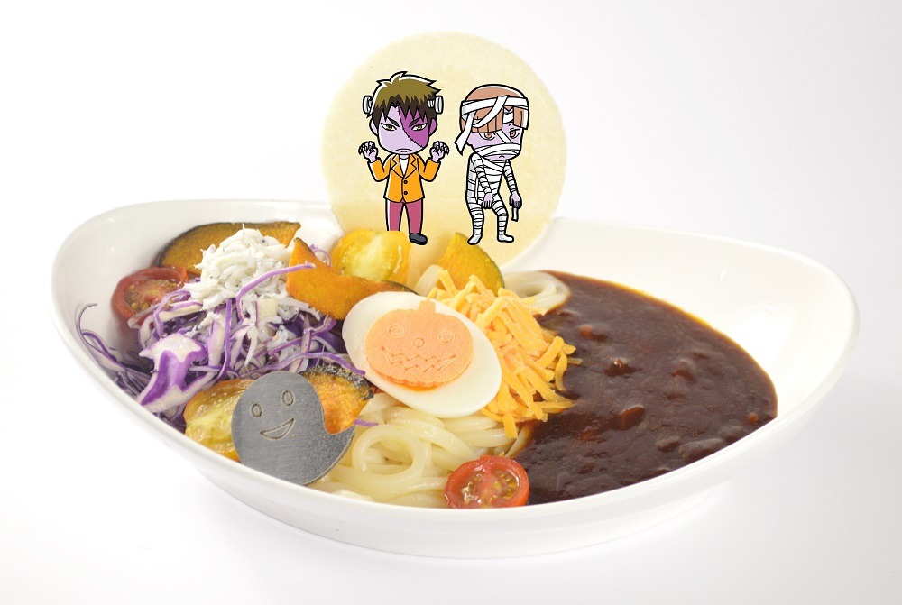 「牛島、白布のかぼちゃの入ったチーズハヤシうどん、しらすサラダ添え」