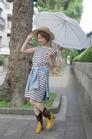 巴マミモデルのレインシューズと折りたたみ傘の使用イメージ。