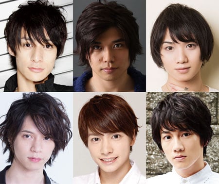 舞台「おそ松さん on STAGE ～SIX MEN’S SHOW TIME 2～」のキャスト。上段左から高崎翔太、柏木佑介、植田圭輔。下段左から北村諒、小澤廉、赤澤遼太郎。