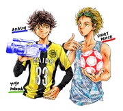 「アオアシ」と「ショート・ピース」のコラボによるイラスト。