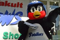 お渡し会の会場に登場したつば九郎。