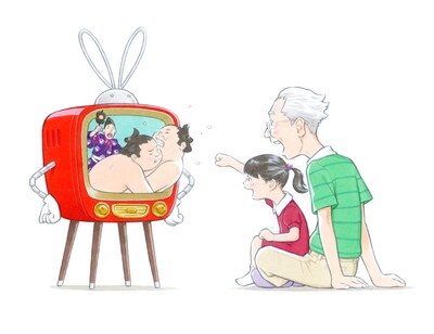 窪之内英策が描き下ろした「楽しくテレビを見ているおじいちゃんと孫」。