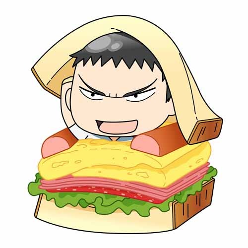 「田所パン謹製 パン（缶）バッジ」の田所迅（ハイカロリーサンドイッチ）。
