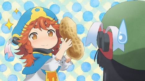 アニメ「ハクメイとミコチ」カット。彼女たちにとっては、ピーナッツが顔と同じ大きさ。