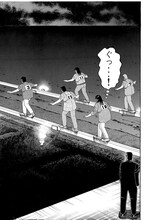 マンガで登場した「鉄鋼渡り」のシーン。(c)福本伸行/講談社