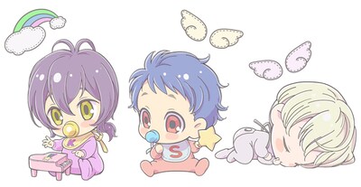 「YOUNG OF PRISM -僕、生まれた！ by KING OF PRISM-」のイラスト。左から神浜コウジ、一条シン、如月ルヰ。