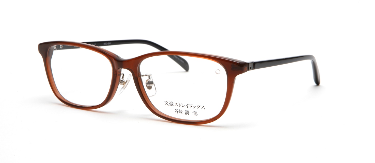 谷崎潤一郎モデルのフロントは、谷崎の髪の色をイメージした明るめのブラウンの生地を採用。濃紺のツル付け根の燻し銀金属パーツは左右でデザインが異なっており、右側では谷崎のヘアピンを、左側ではナオミの泣きぼくろを表現する。