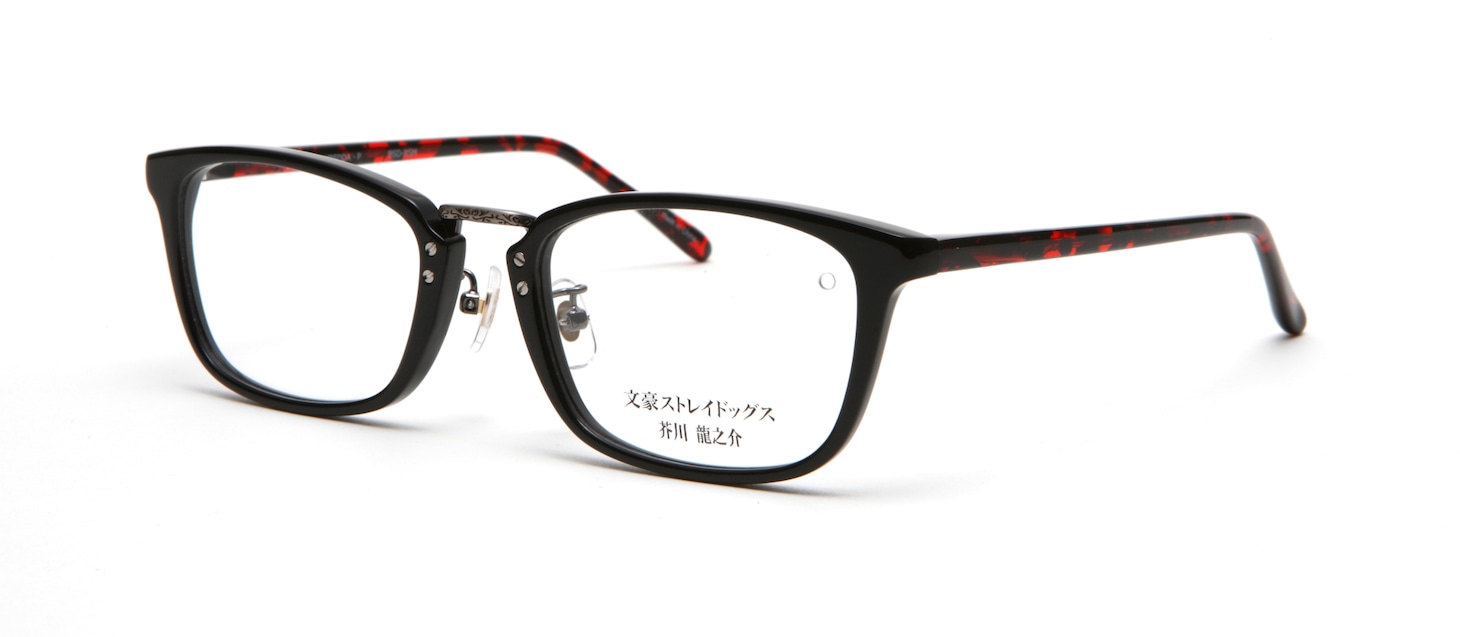 芥川龍之介モデルのフロントはツヤのある黒を採用。ブリッジには、グレーのメタルパーツの中に芥川の袖口のフリルをイメージした彫金を施す。ツルには芥川が異能“羅生門”で操る黒獣のイメージを大胆に使用する。