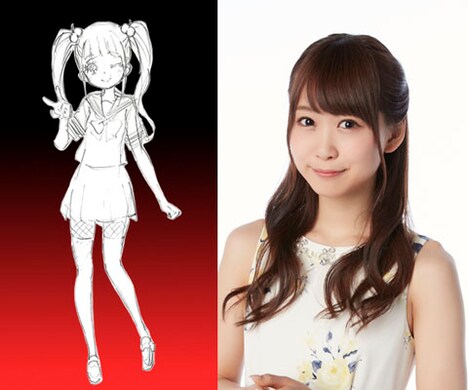 穴沢虹海のデザインラフと、虹海を演じる芹澤優。