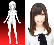 潮井梨ナのデザインラフと、梨ナを演じる鈴木愛奈。